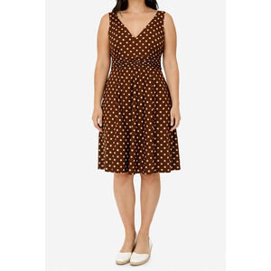 Boden Dress 14 Brown White Polka Dot Cotton Sleeveless Fit & Flare Lined Zip